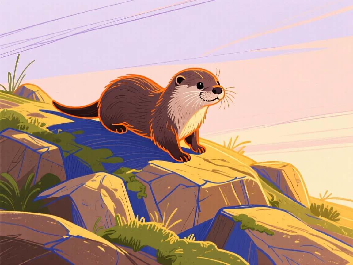 A baby otter playing on a rocky hillside during golden hour.