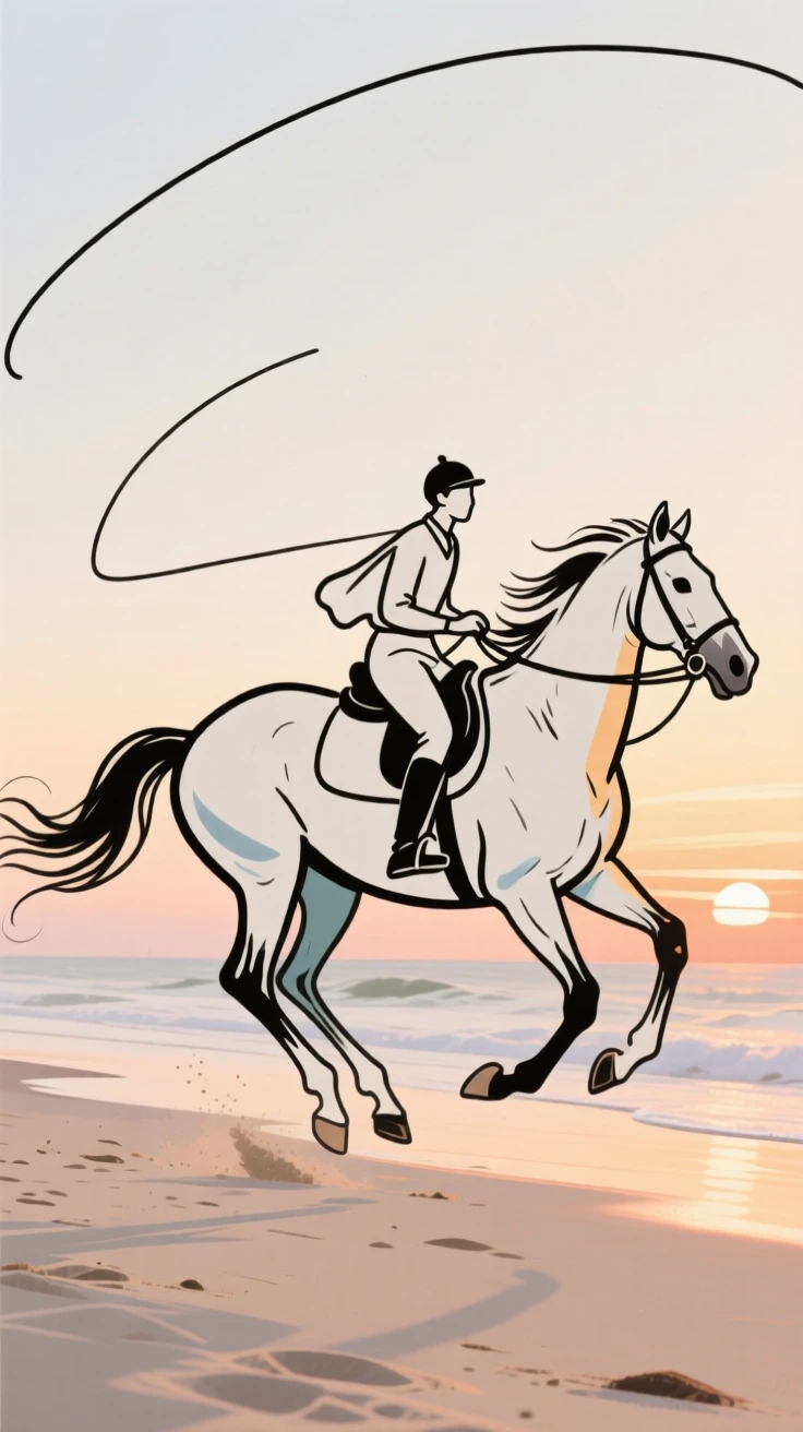 A horseback rider galloping along a sandy beach at sunset.