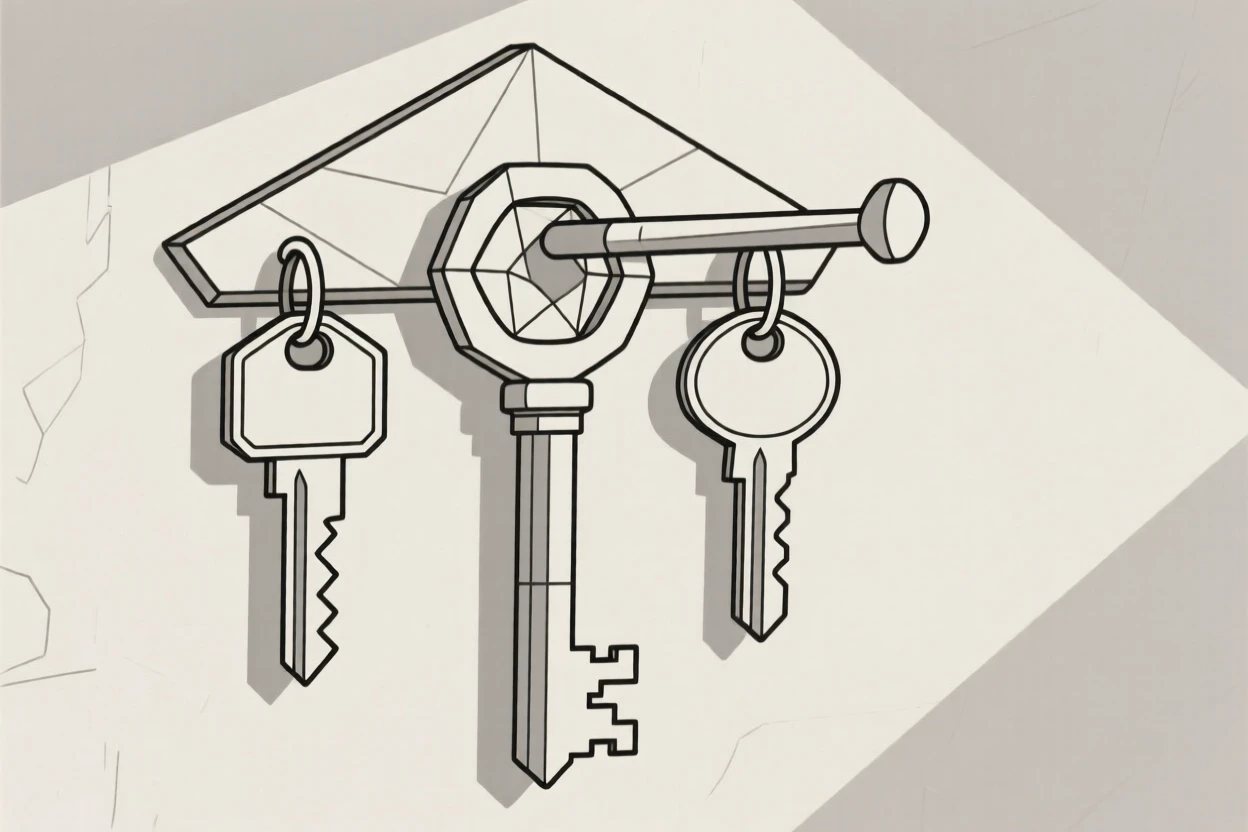 A set of vintage keys hanging on a hook