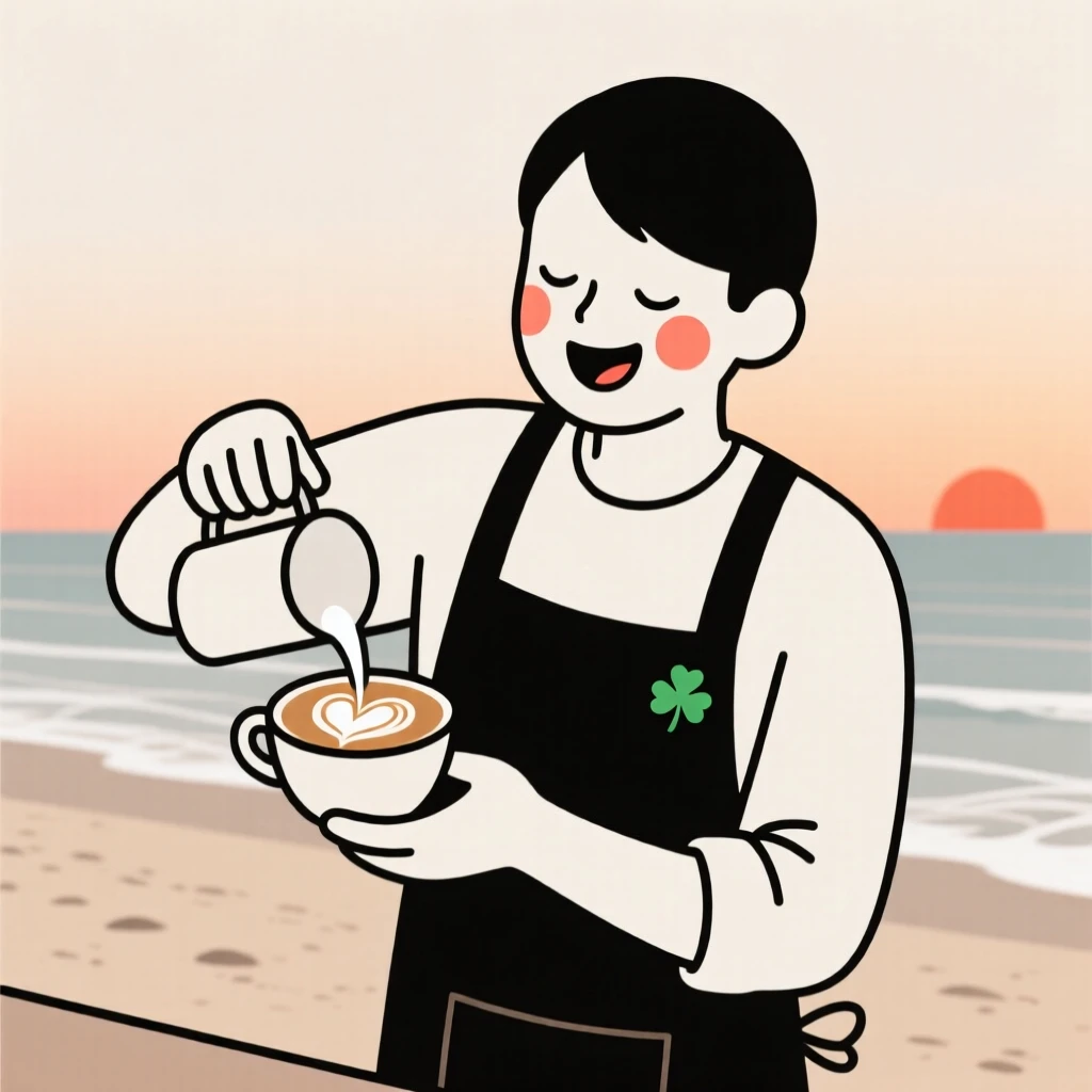 A barista of irish heritage crafting latte art, laughing with eyes closed, on a sandy beach at sunset.