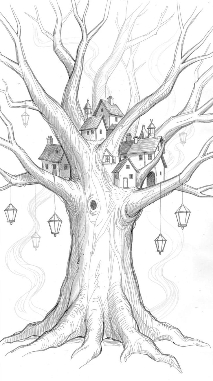 A magical, imaginative vision of a village built inside a giant tree surrounded by floating lanterns, with mist curling like living smoke.