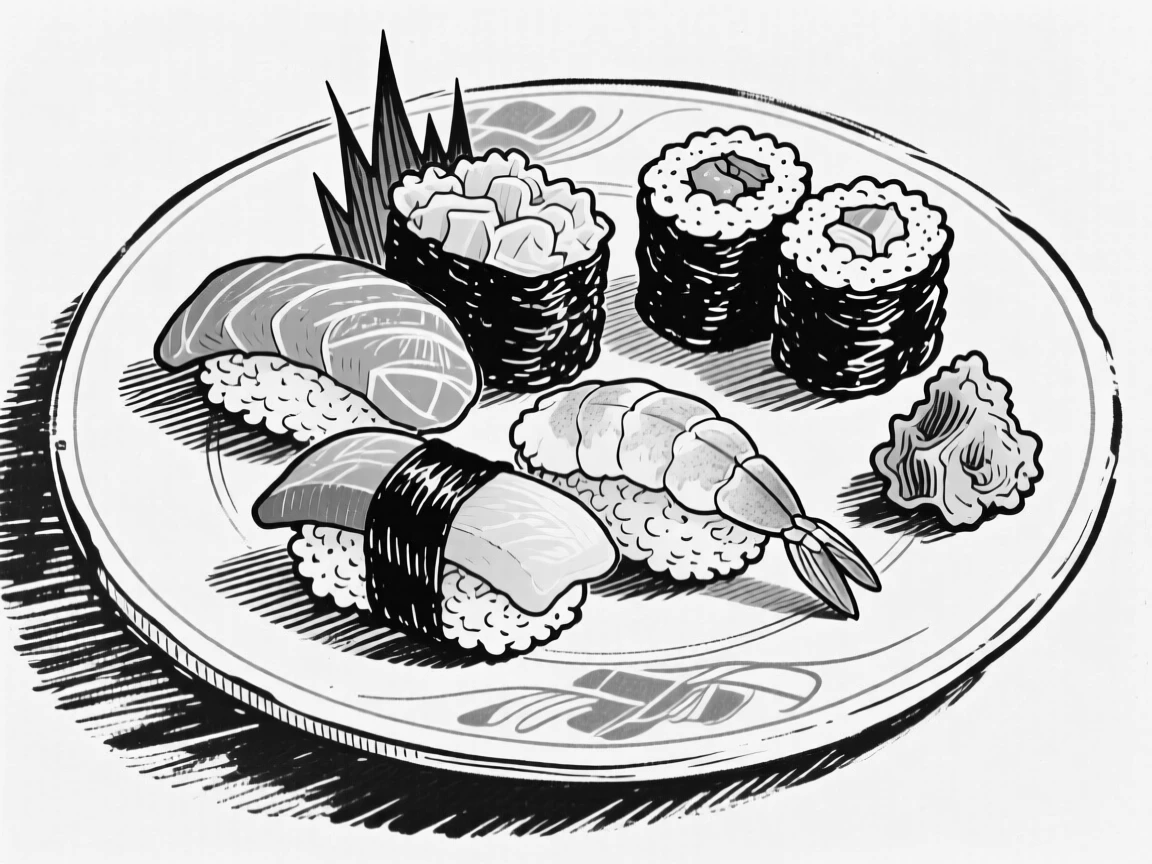 A plate of colorful sushi platter arranged with wasabi and pickled ginger.