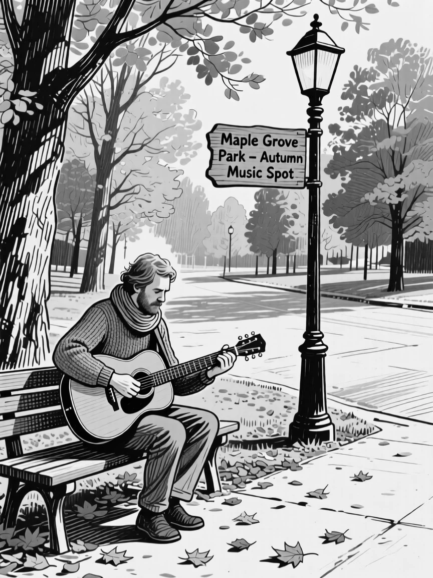 A musician playing guitar on a quiet street corner in a sunlit park during autumn, with hands clasped warmly together, creating a quietly intimate lifestyle scene.
