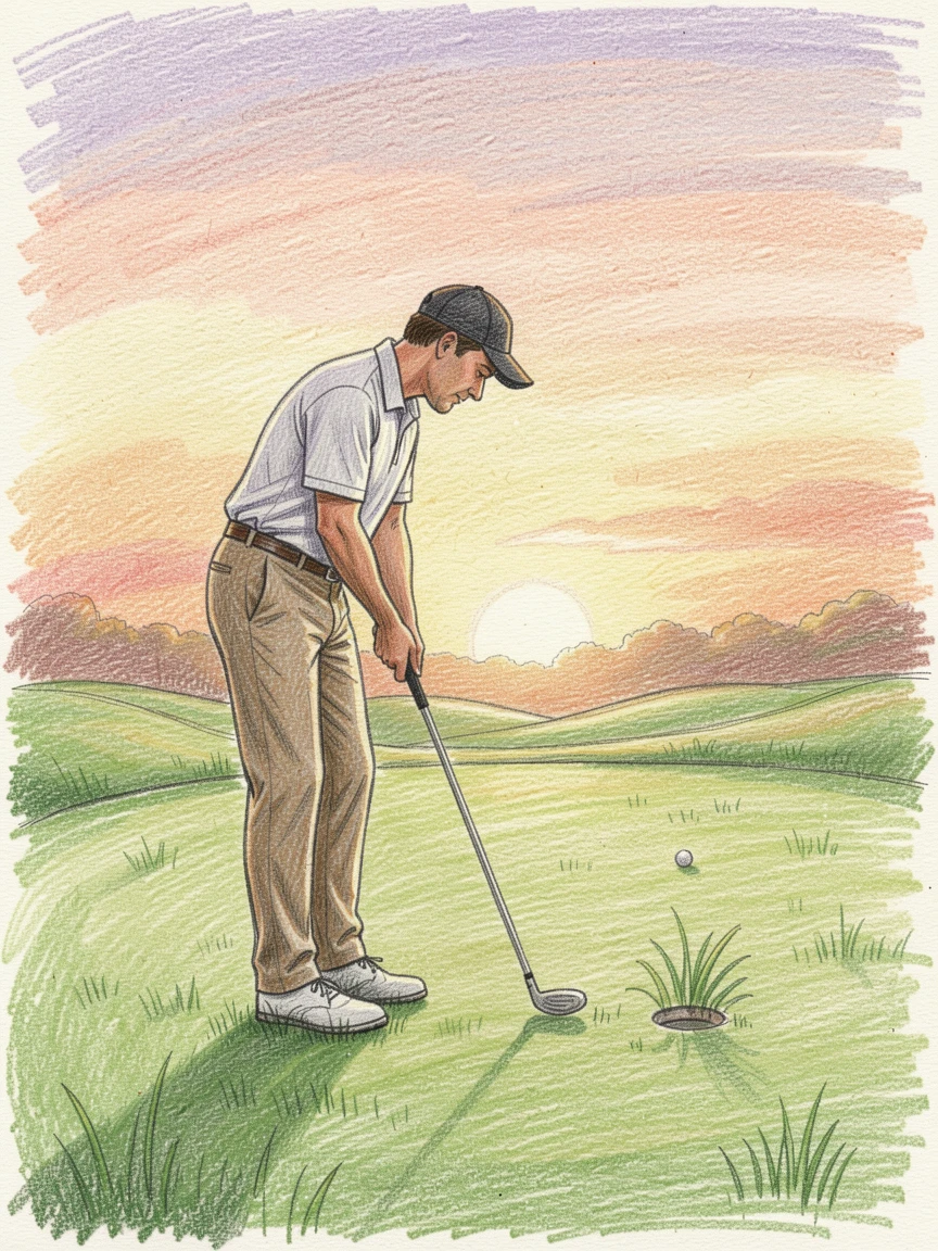 A golfer lining up a putt on a lush green fairway at sunset, with delicate details that reward a closer look, designed to feel inviting, memorable, and shareable.