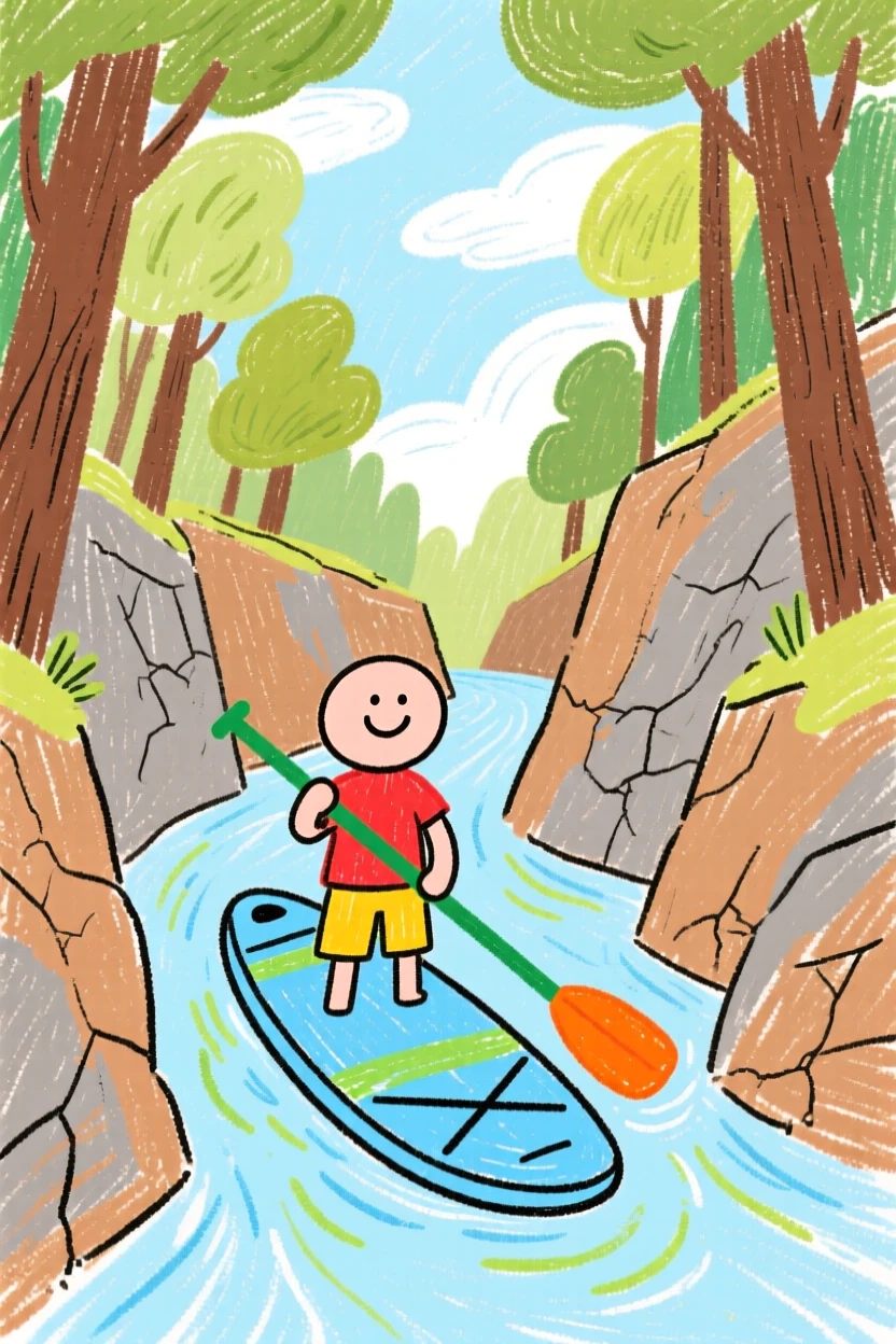 A paddleboarder paddling through a quiet forested canyon.