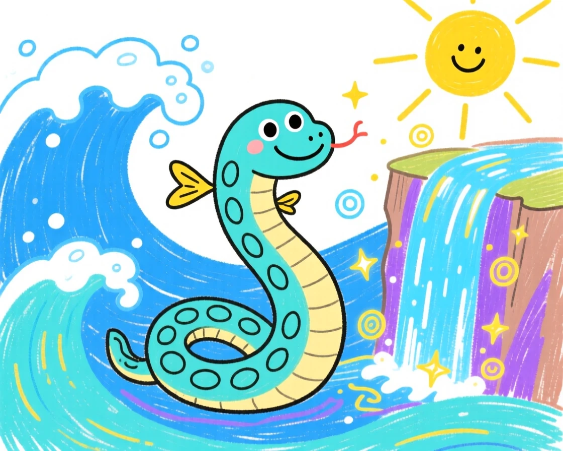 A friendly sea serpent curling through waves beside a glowing magical waterfall.