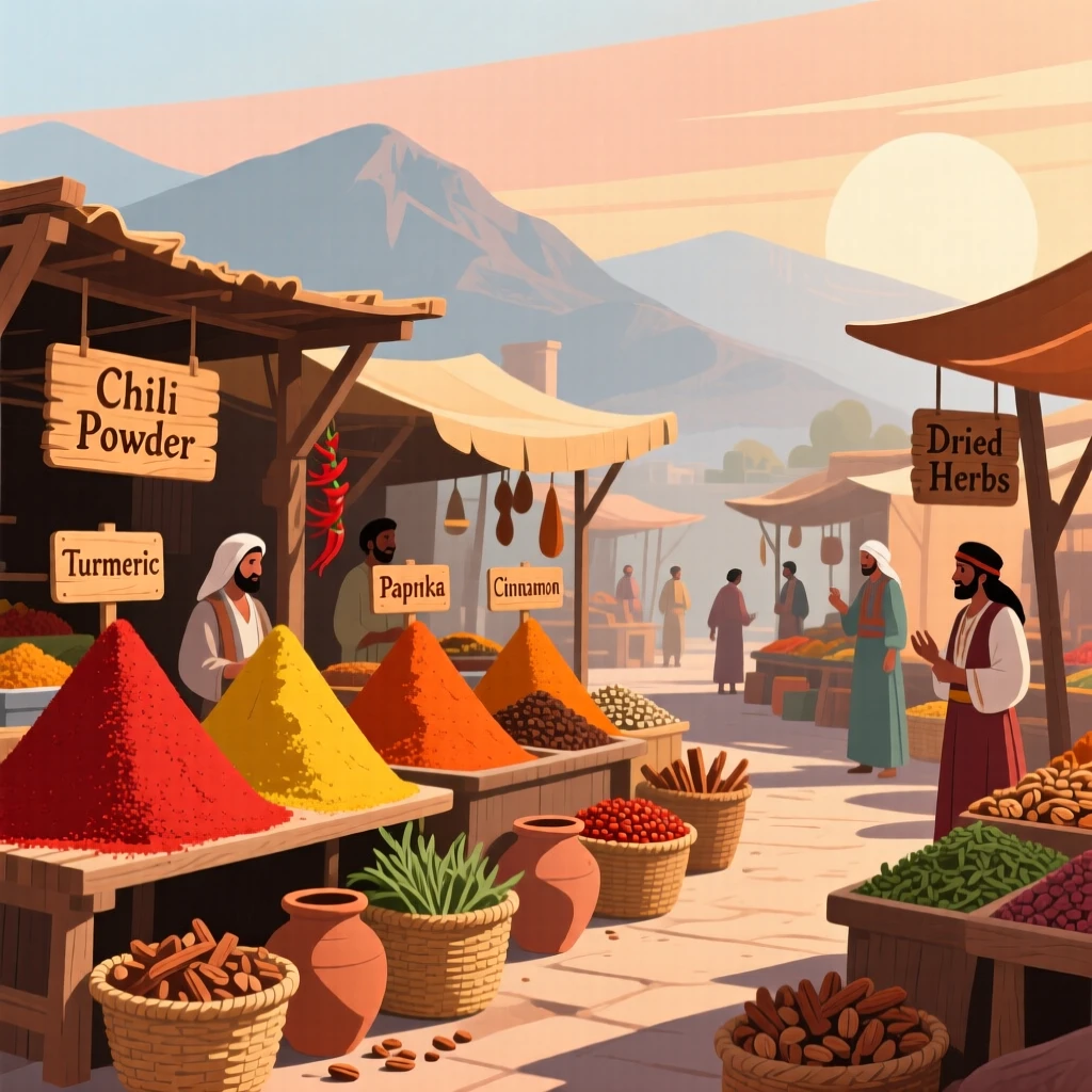 A vibrant spice market filled with colorful piles of goods, with distant mountains fading into soft haze, captured with warm inviting light filling the frame, with a nostalgic, postcard-like charm.