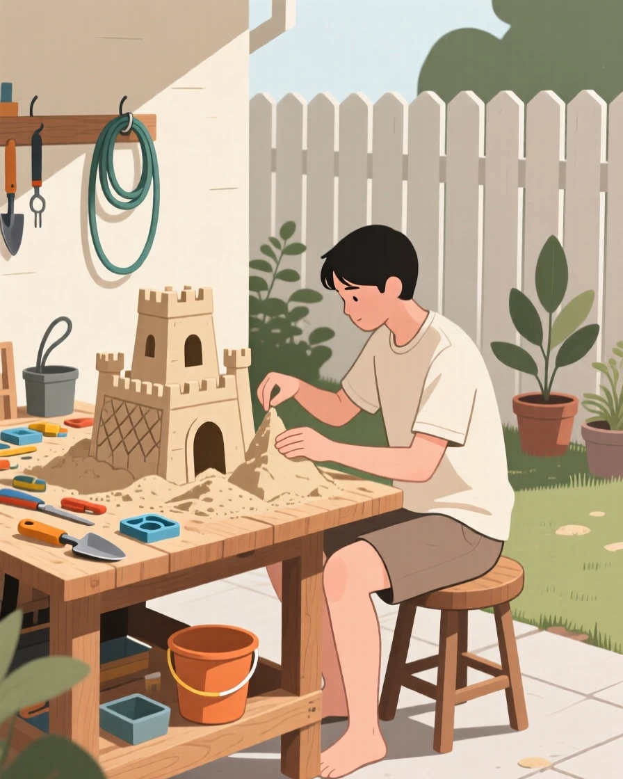A person building a sandcastle in a backyard workshop.