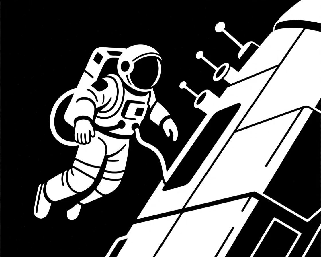 An astronaut floating outside a spacecraft during a spacewalk.