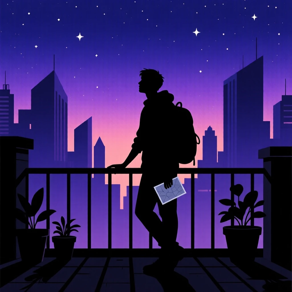 A traveler standing on a rooftop terrace overlooking an unfamiliar city at night.