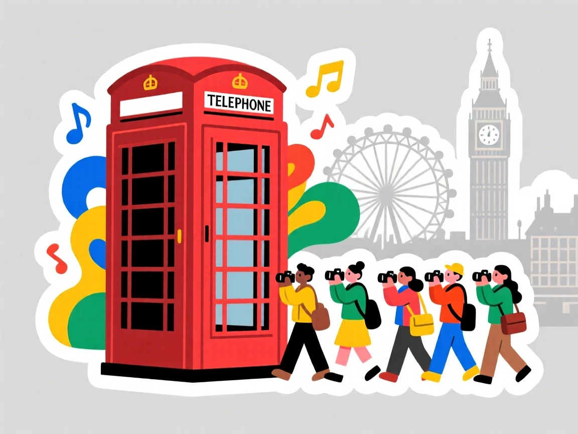 A postcard-perfect classic red London phone booth, surrounded by the sounds and colors of the region, as travelers pass by with cameras ready.