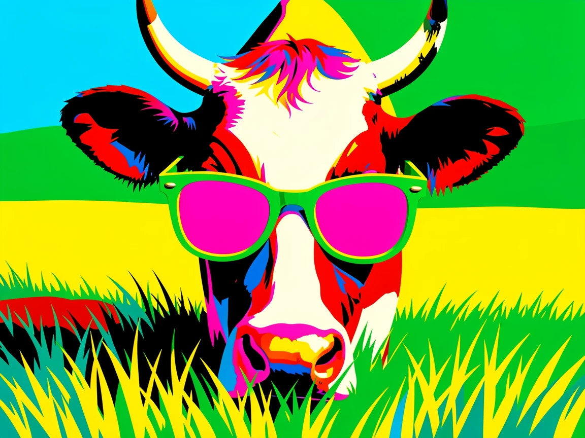 Cow wearing sunglasses grazing in a field
