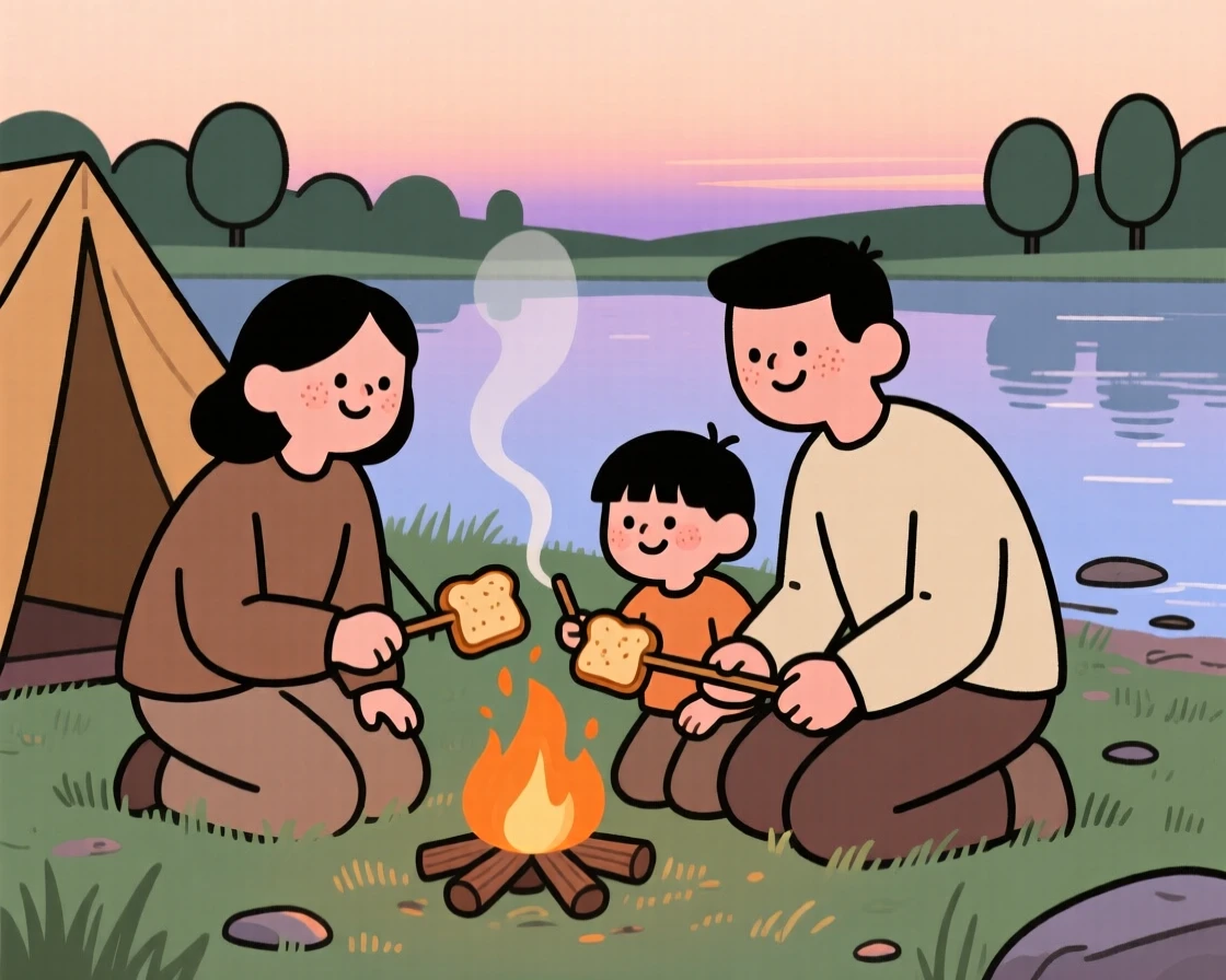 A family sets up camp beside a quiet lake as the last light of day fades behind the tree line, toasting bread on sticks around a small fire.
