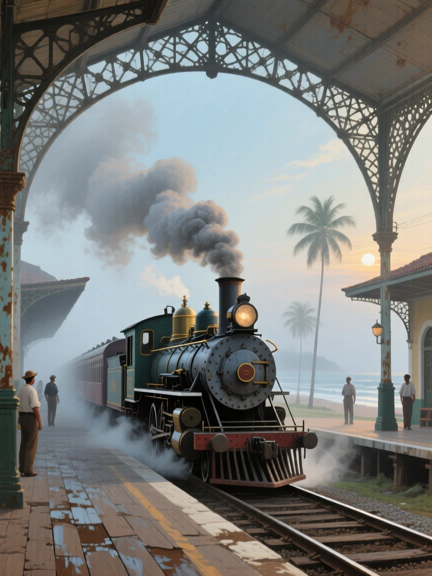 A well-framed scene of a steam train pulling into a station beneath a soaring iron archway, in a Brazilian coastal town, in thick fog.