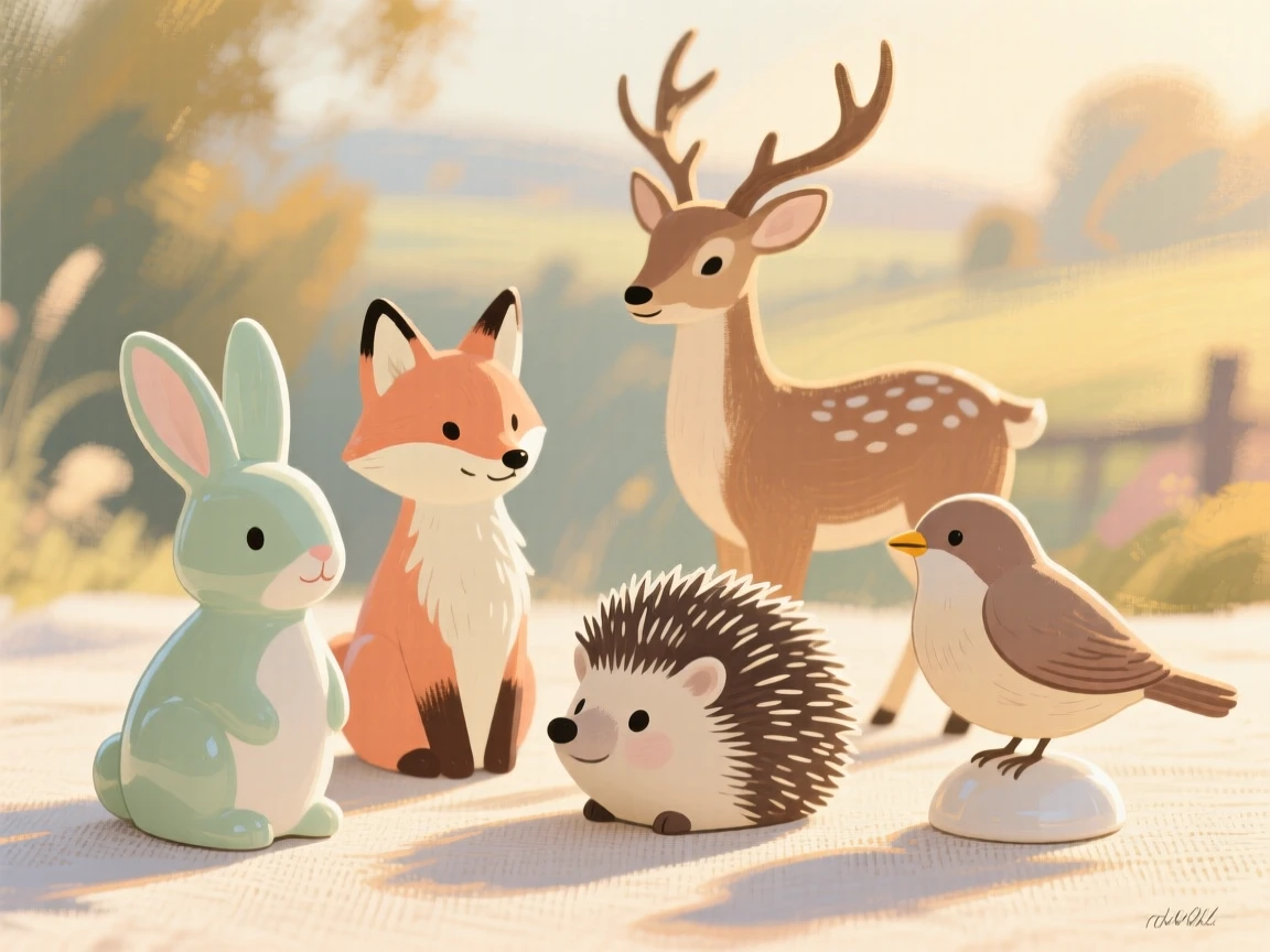 A set of porcelain figurines depicting different countryside animals