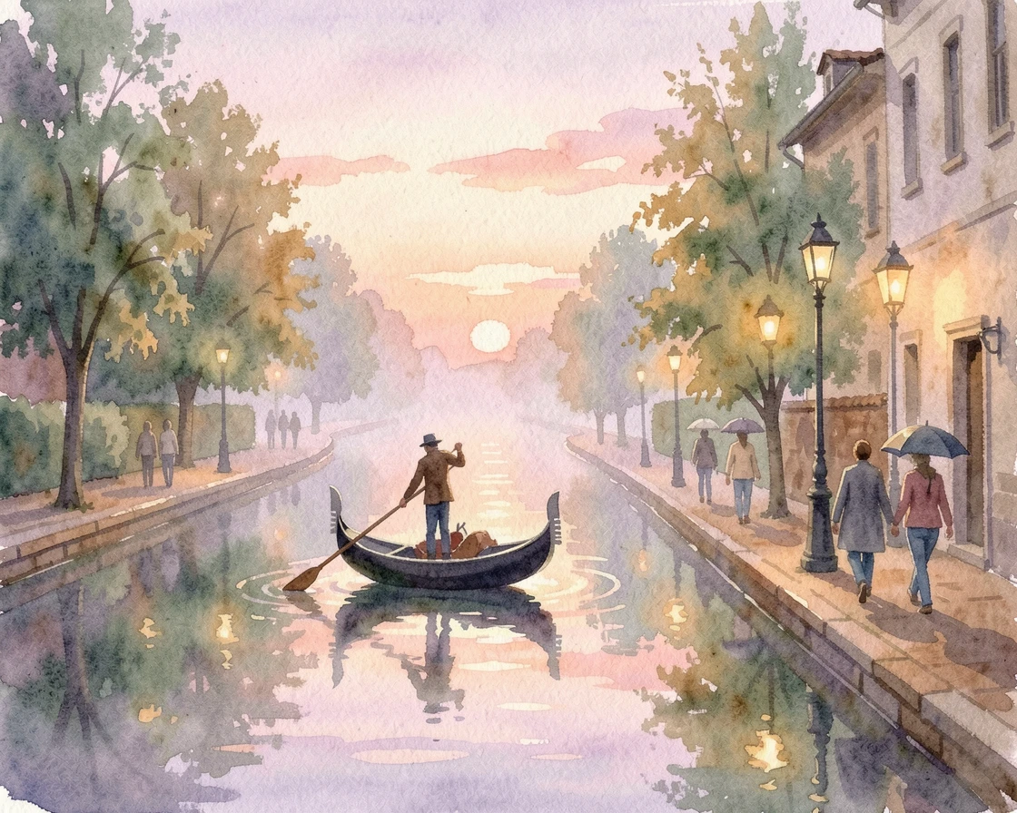 A gondola gliding through a quiet canal at dusk at sunrise with travelers strolling along the path.
