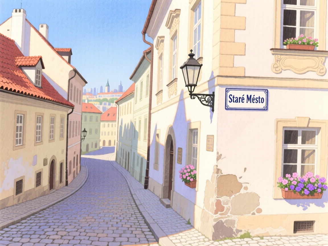 A picturesque view of an old quarter in Prague with narrow cobblestone streets winding uphill, beneath a clear blue sky
