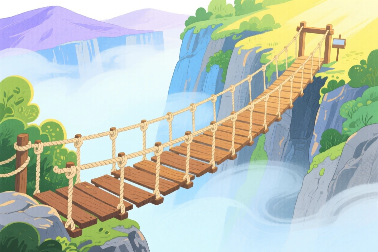 An awe-inspiring look at a rope bridge swaying above a misty ravine.