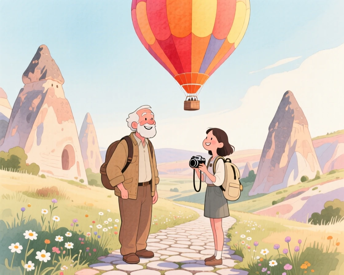 An elderly local shares a warm smile with a passerby amid a hot air balloon drifting over the fairy chimneys of Cappadocia, filled with the romance of travel.