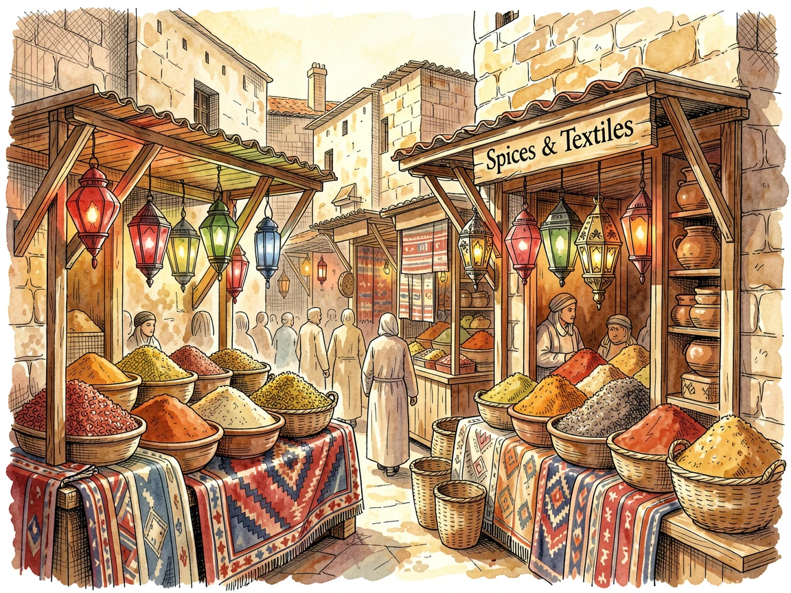 A busy souk lined with lanterns, rugs, and stacks of spices, warm afternoon light settling over the weathered stone and rooftops.