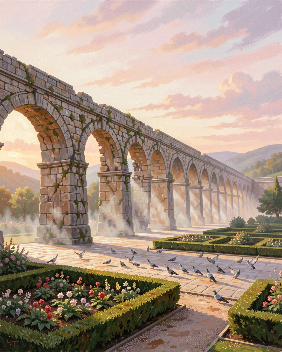 A crumbling stone aqueduct stretching across a valley, framed by manicured formal gardens, a flock of pigeons scattering across the plaza, at sunrise, mist clinging to its ancient stones.