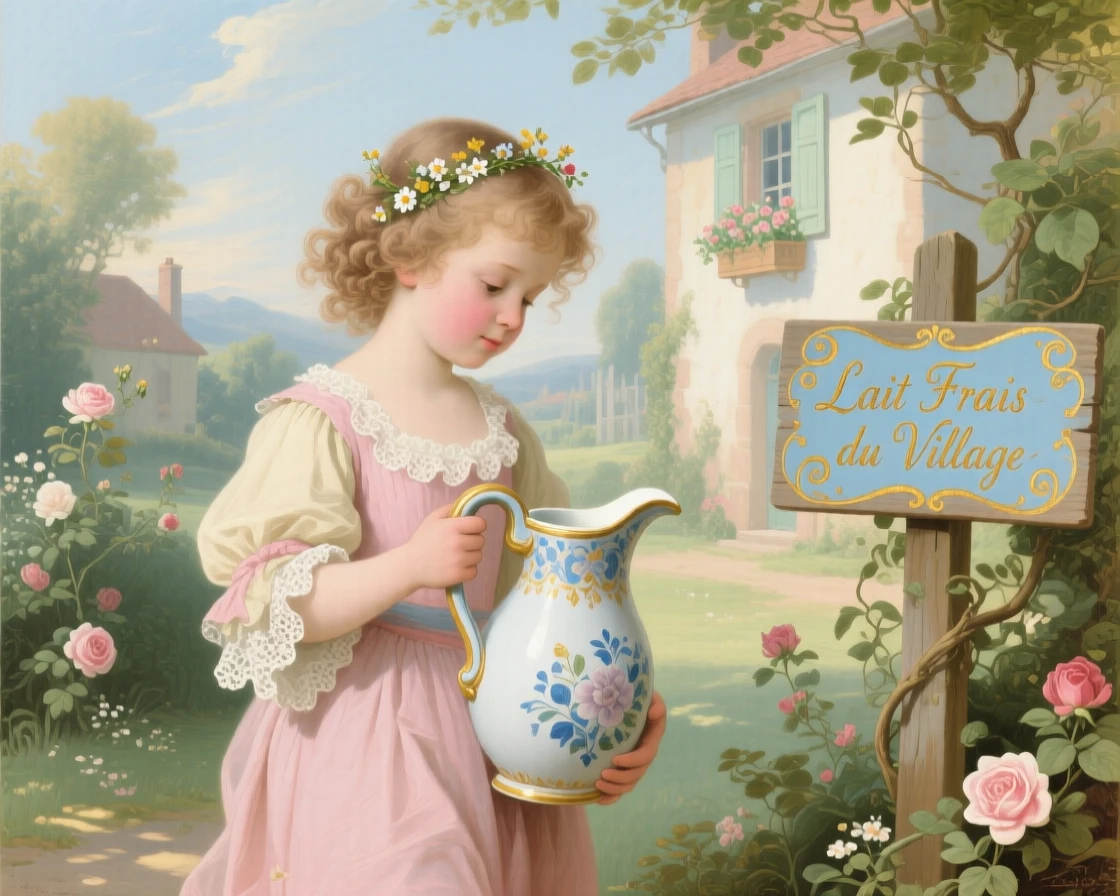 A village child carrying milk in a small painted jug  