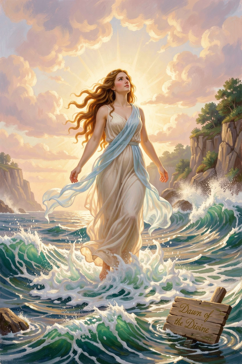 A goddess rises from the sea foam beneath a radiant sky.