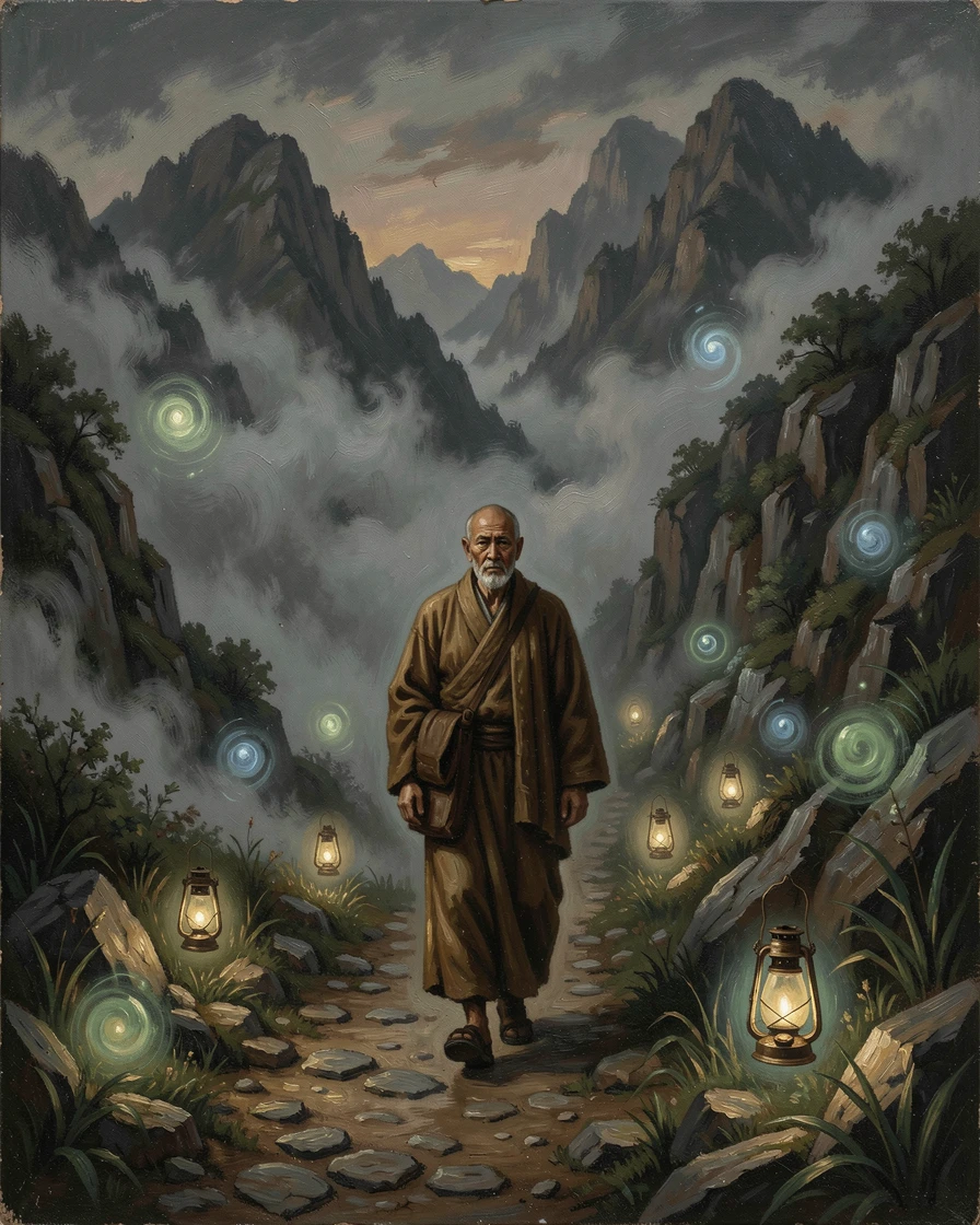 A wandering monk walking a path lit by floating lanterns through misty mountains, as glowing magical elements illuminate the surrounding darkness, blending fantasy imagination with striking photorealistic detail