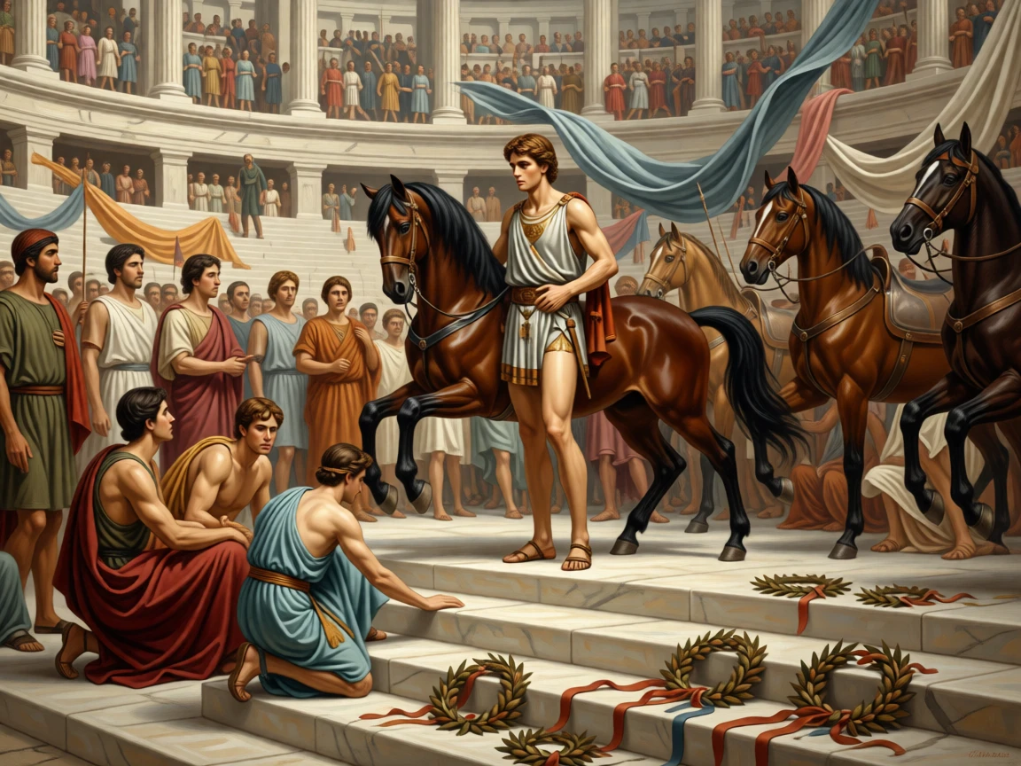 A young Alexander taming the wild stallion Bucephalus before a crowd of nobles just as the crowd falls silent in awe, set on the steps of a grand amphitheater filled with spectators, surrounded by kneeling attendants, war horses, and scattered laurel wreaths; sweeping drapery and gesture guide the eye across the whole scene, charged with heroic resolve and quiet foreboding.