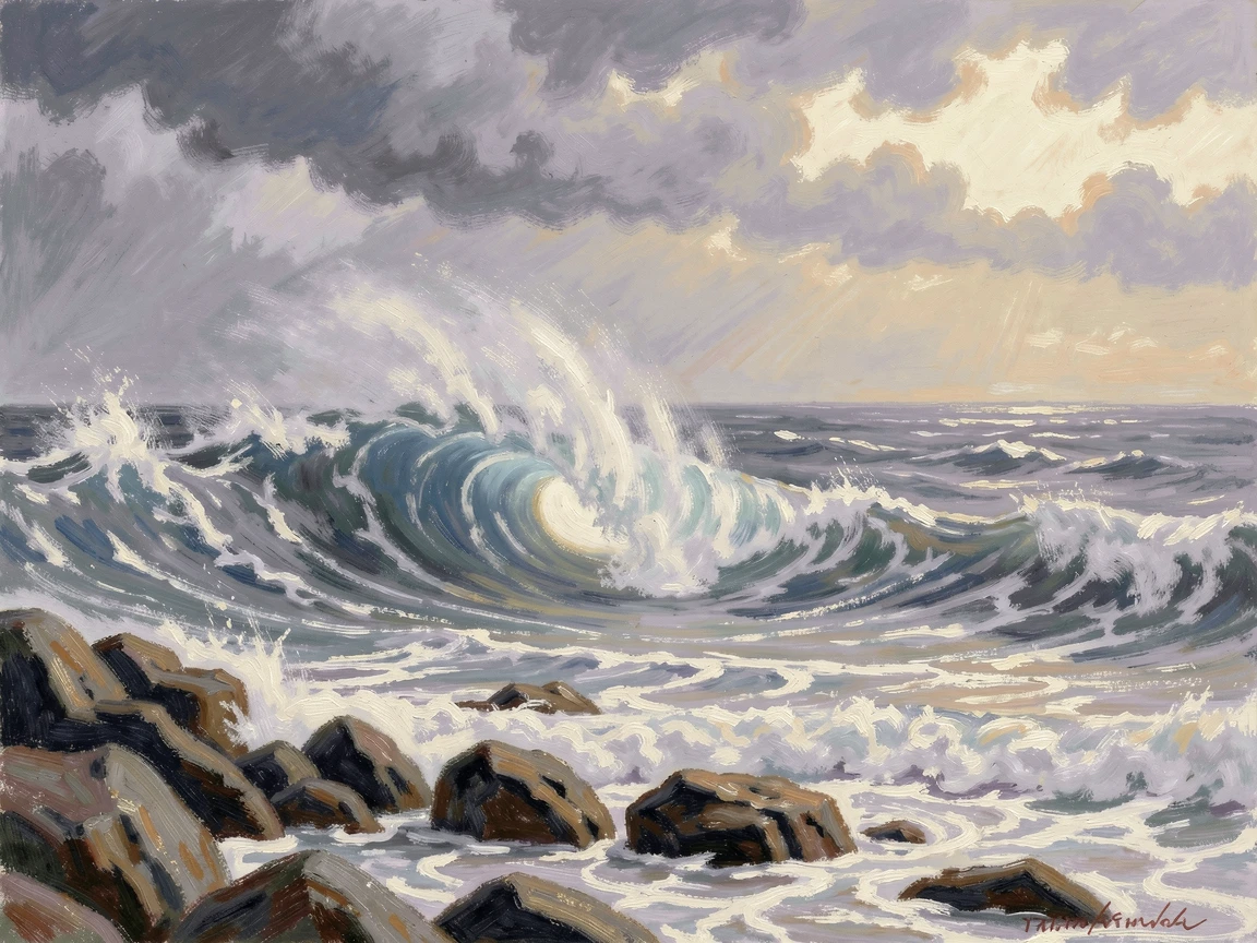 A dramatic wave curling and crashing on a rocky coast during a fierce coastal storm, radiating serenity and gentle stillness.