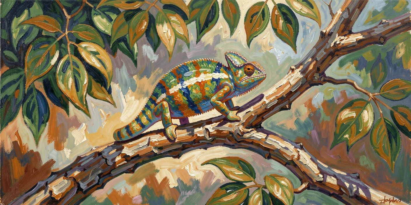 A chameleon perched delicately on a branch, skin shifting with the dappled light.