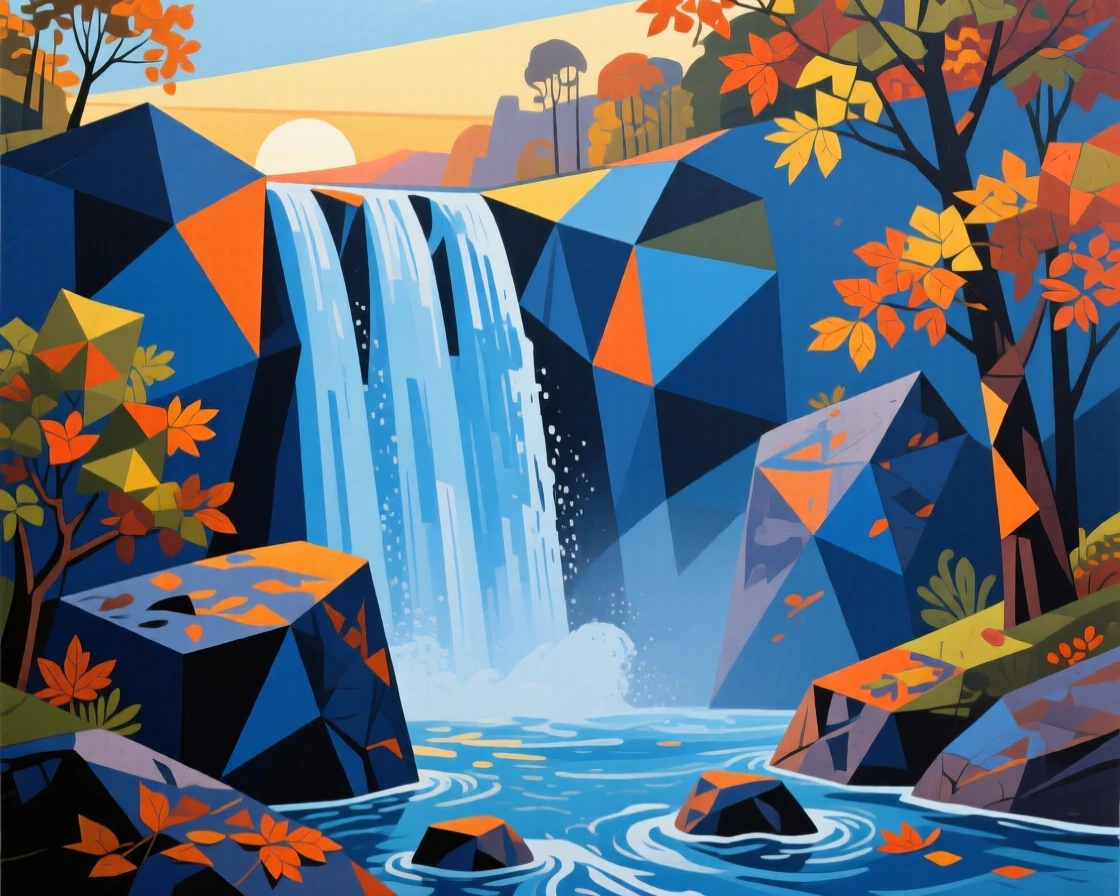 A wide shot of a cascading waterfall in the blue light just before sunrise, during vibrant autumn.