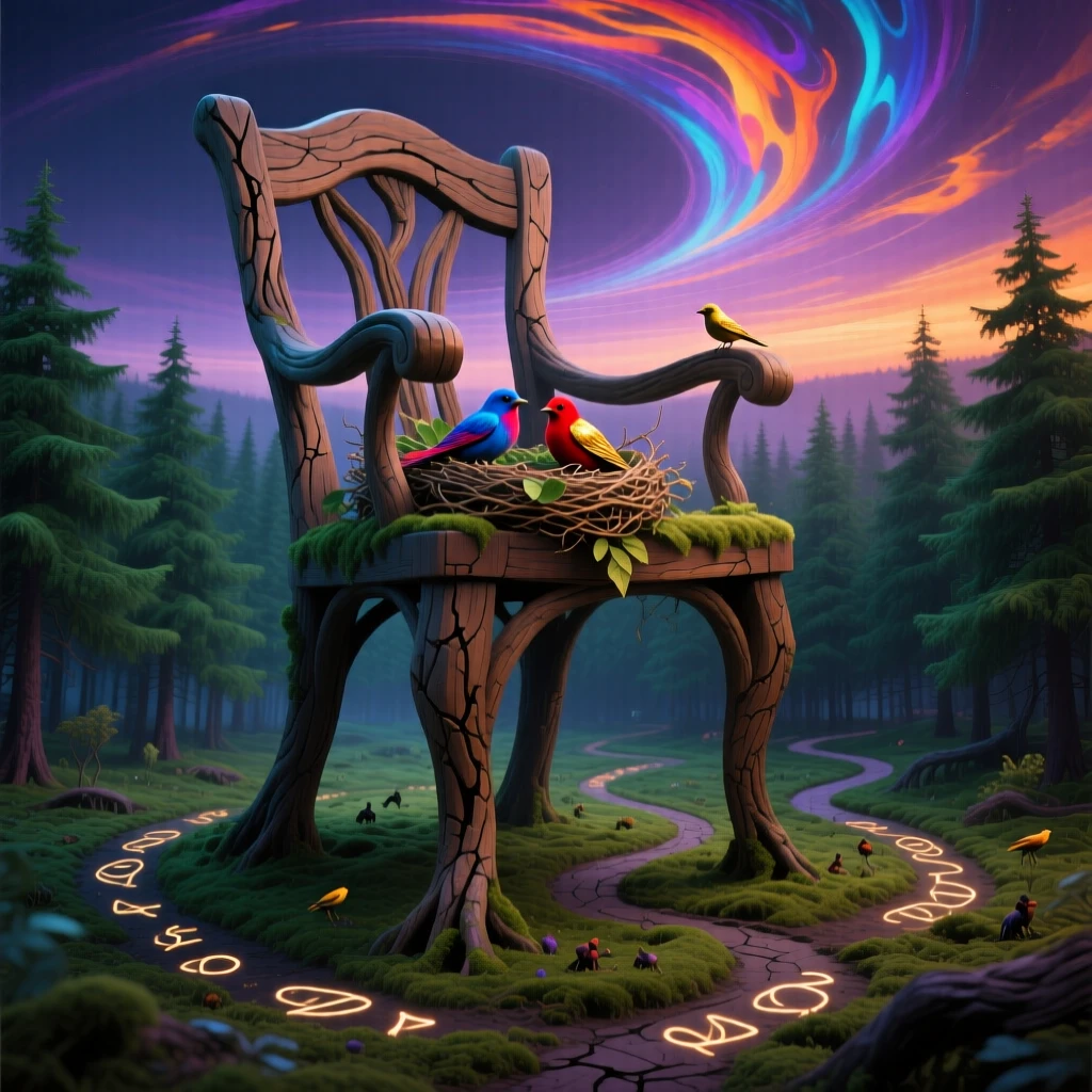 A giant wooden chair towering over a small forest of pine trees stands quietly as tiny birds nest inside its curves, while tiny paths have been worn into the ground around it.