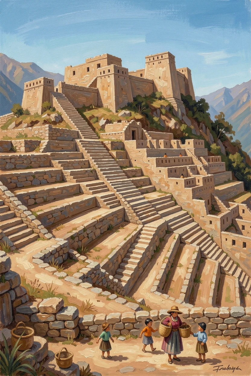 The ancient terraced city of Ollantaytambo climbs a steep Andean hillside, stone staircases leading toward massive fortress walls above, the atmosphere feeling both timeless and quietly alive with the rhythms of daily life.