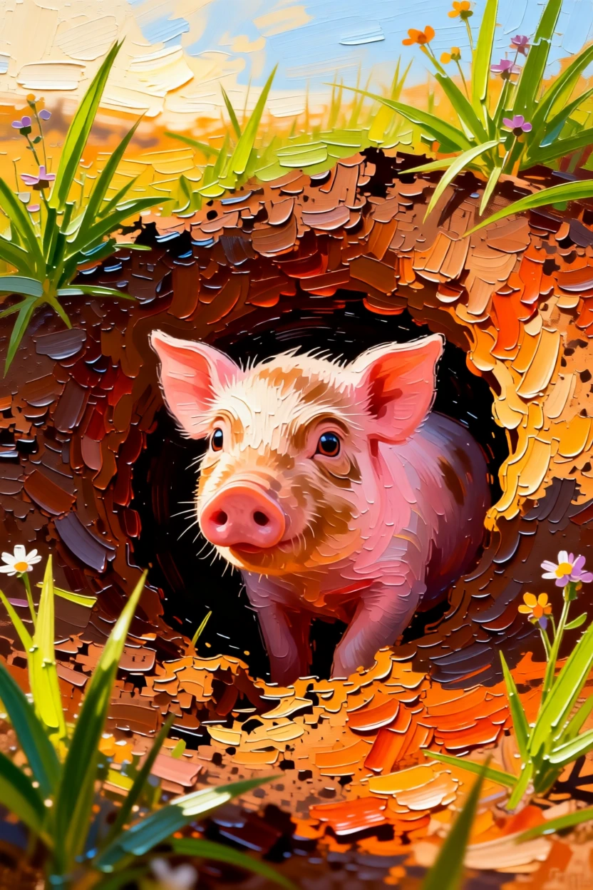 A heartwarming photo of a piglet peeking out curiously from a burrow entrance