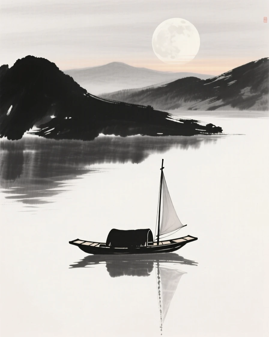 A lone boat drifts across a still lake beneath a rising moon, as the first light of dawn breaks over distant hills.