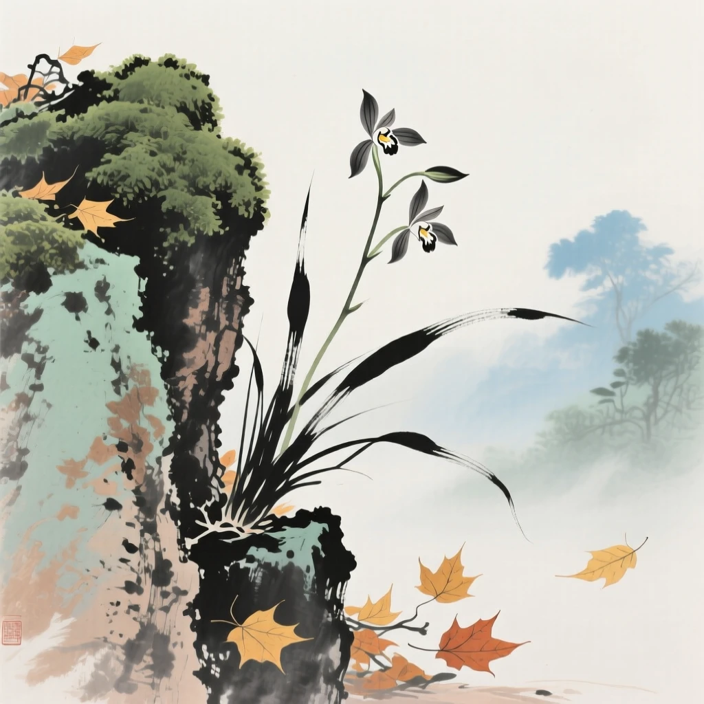 Orchids growing gracefully from a crevice in a mossy rock, as autumn leaves turn golden.
