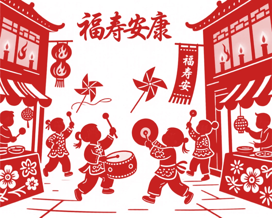 A scene of a street parade with drums and cymbals, where children weave between stalls chasing paper windmills, with the glow of candlelight reflected in every window.