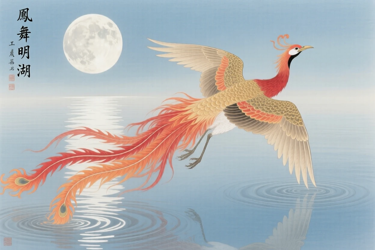 A phoenix with tail feathers like trailing flames over a calm lake reflecting the full moon