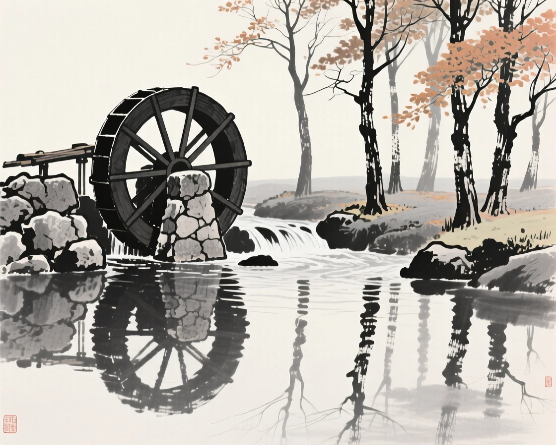 An old stone waterwheel beside a stream framed by tall autumn trees, seen from across still water, reflected on the surface, capturing a serene blend of nature and human presence.