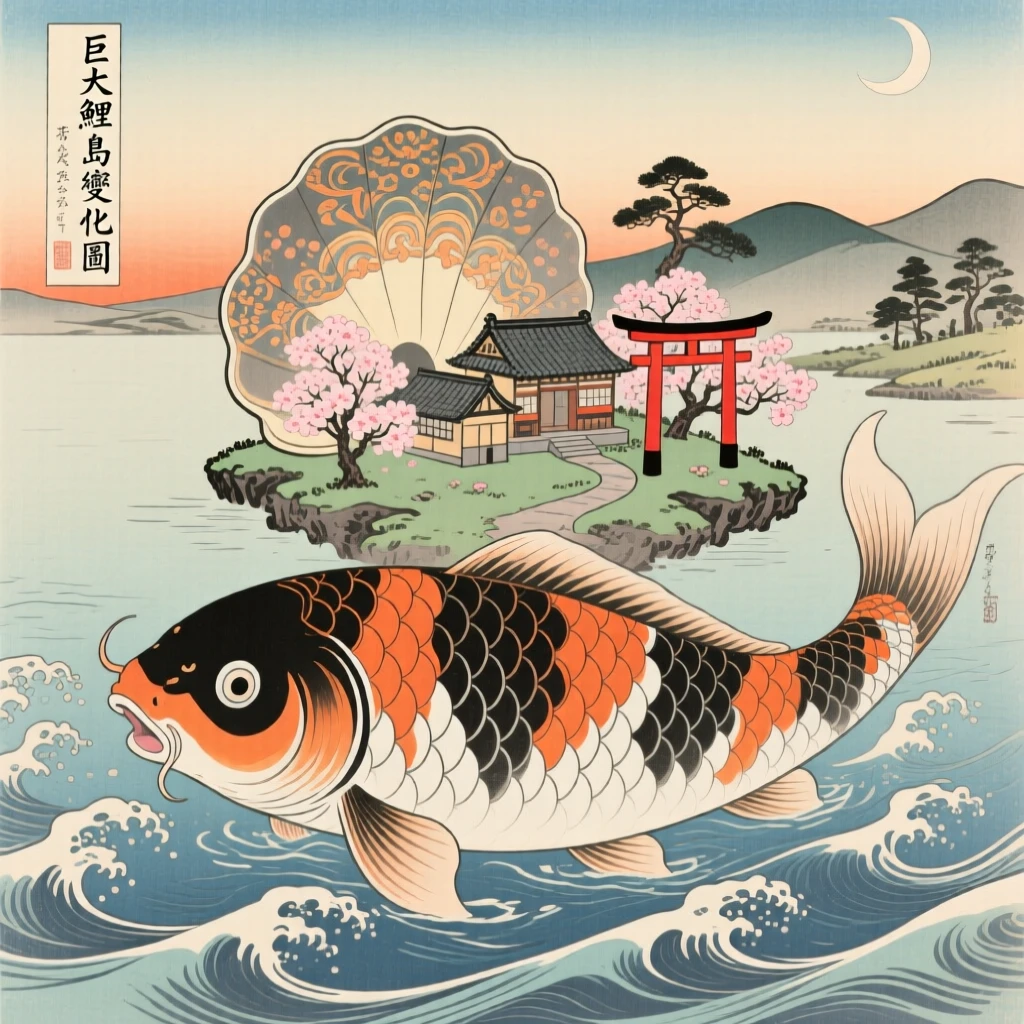 A giant transforming koi carrying a small floating island on its shell.