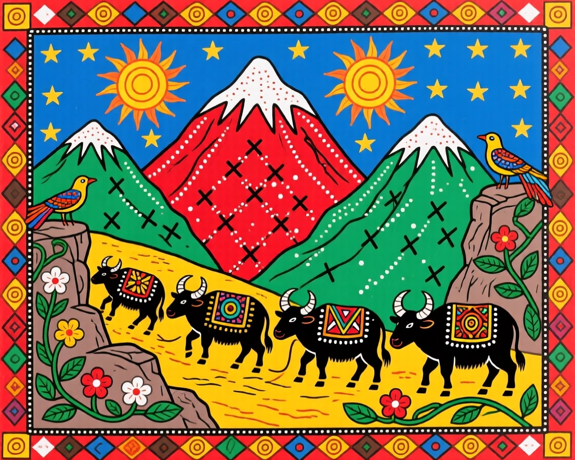 A yak caravan crossing a high mountain pass beneath towering peaks.