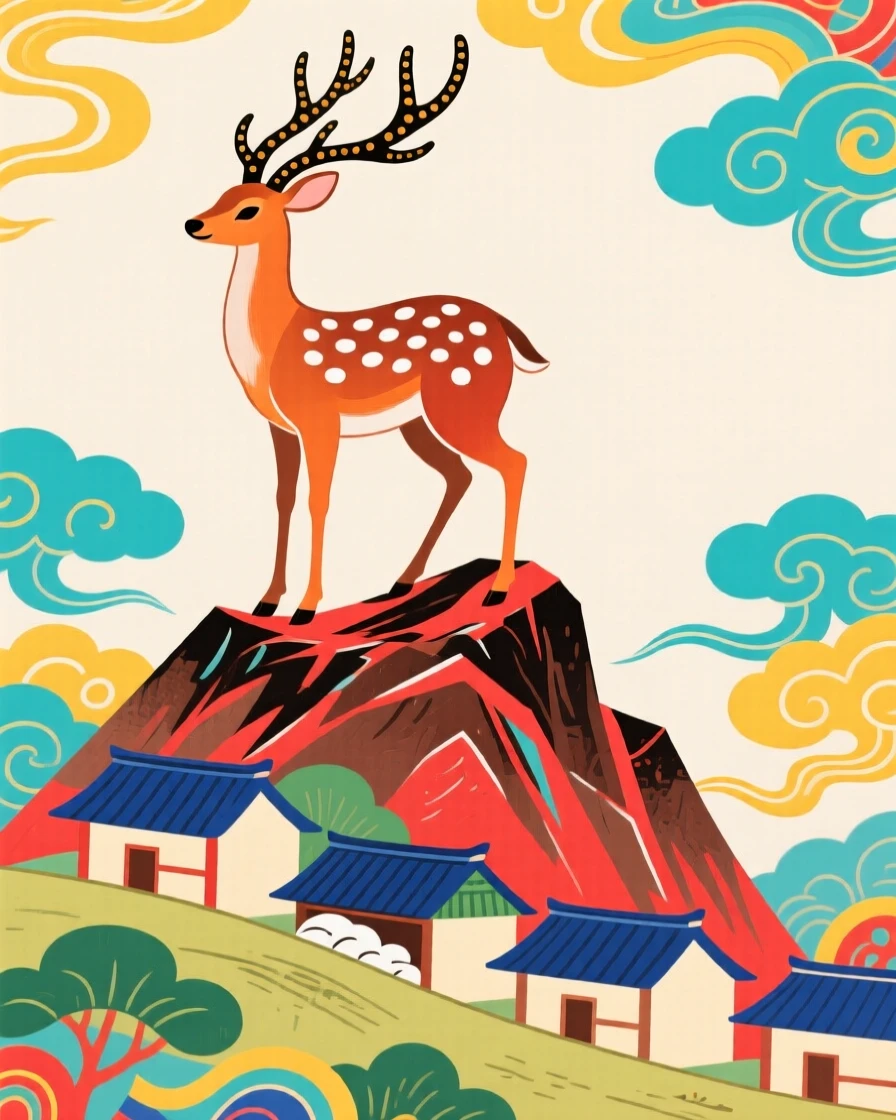 A spotted deer with tall antlers watching over a village from a mountain peak.