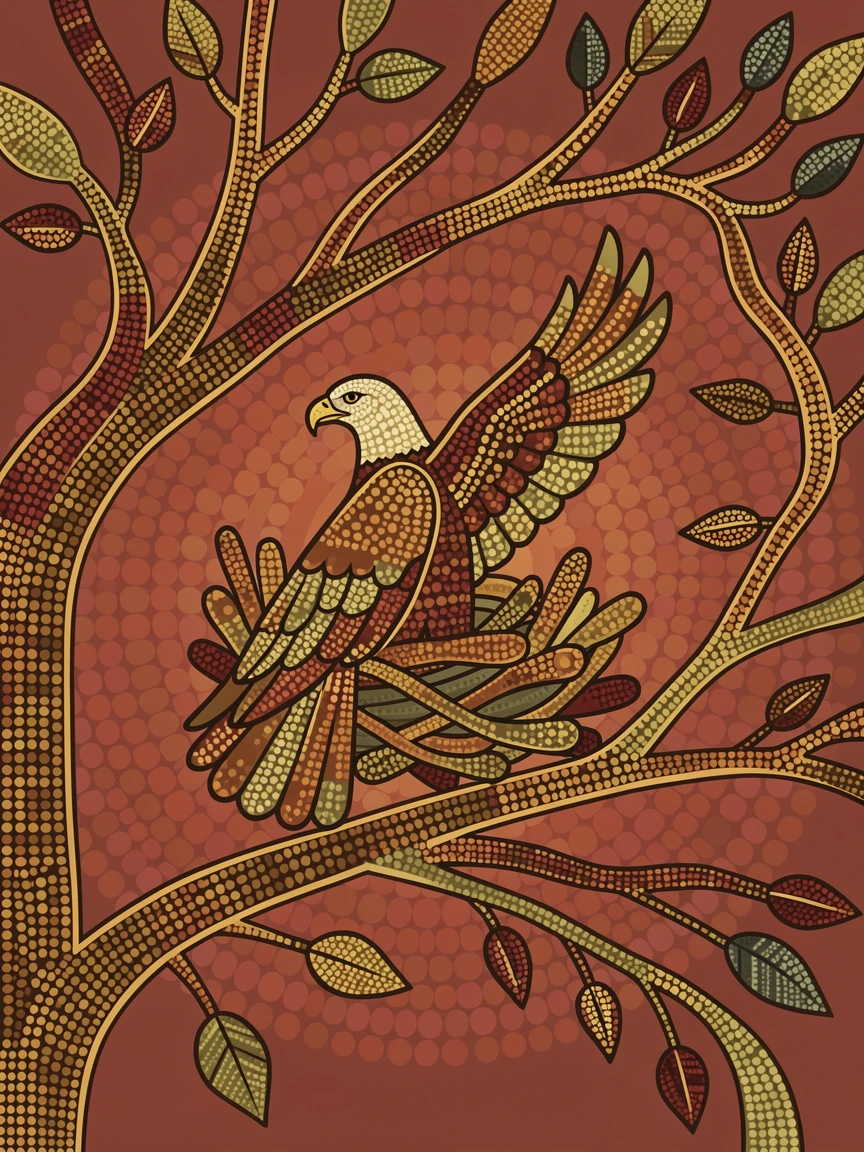 A wedge-tailed eagle nesting among treetop branches