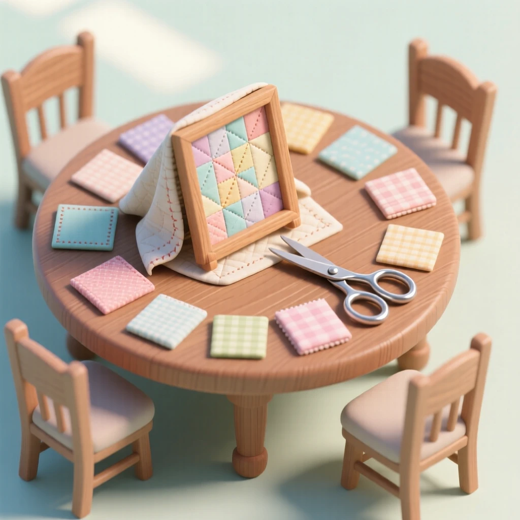 A quilting circle with fabric squares spread across a table, a half-finished quilt draped over a frame, and scissors nearby.