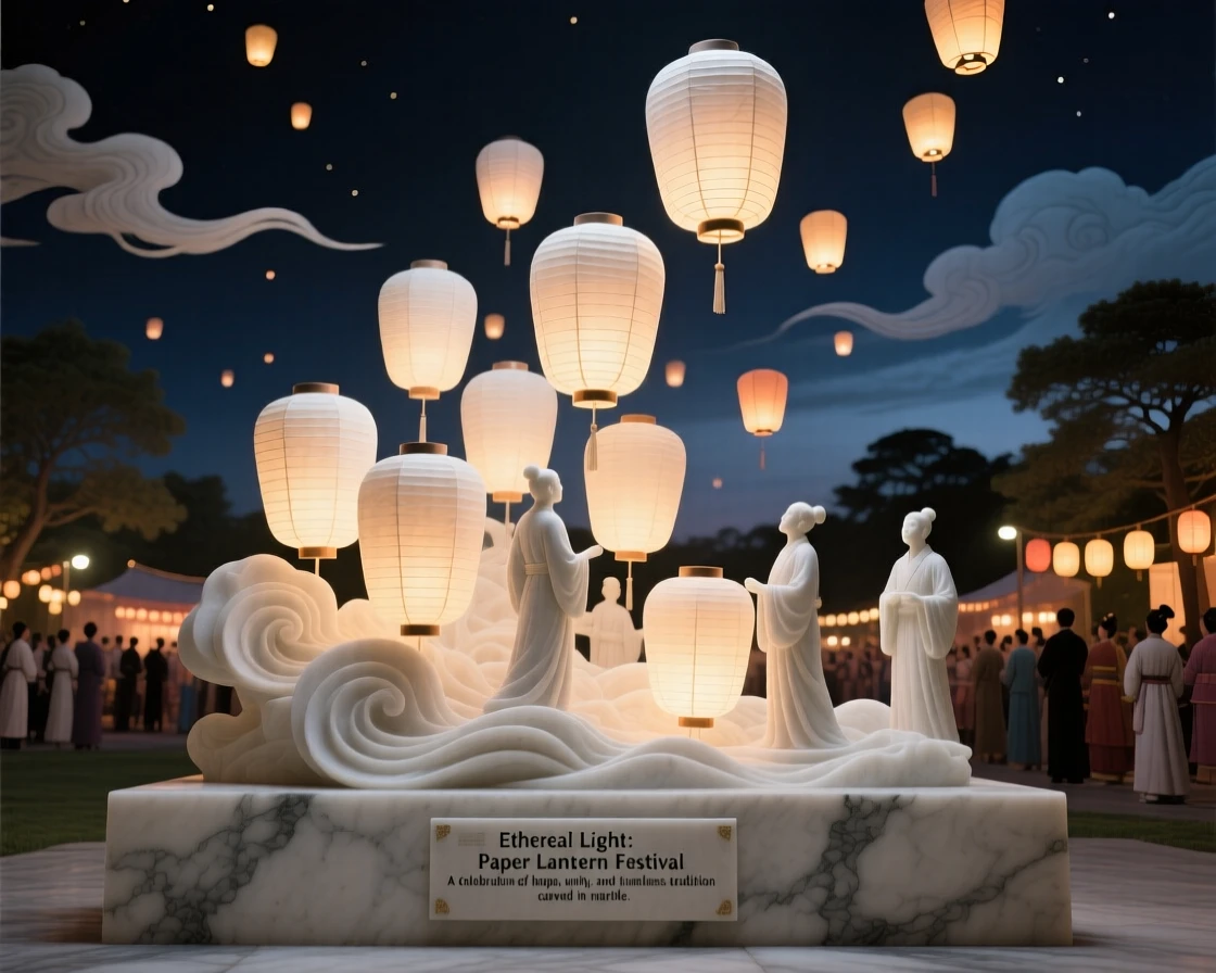 A beautifully composed image of a paper lantern festival lighting up the night sky, surrounded by soft, glowing light, full of atmosphere and visual storytelling