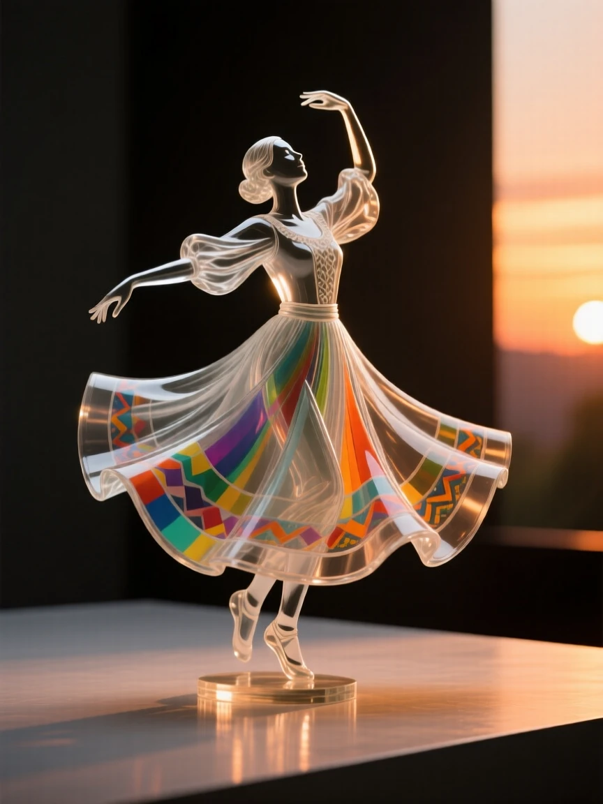With the last light of sunset glowing behind the stage, a folk dancer twirling in a wide, colorful skirt, while a warm light spills across the surrounding stage