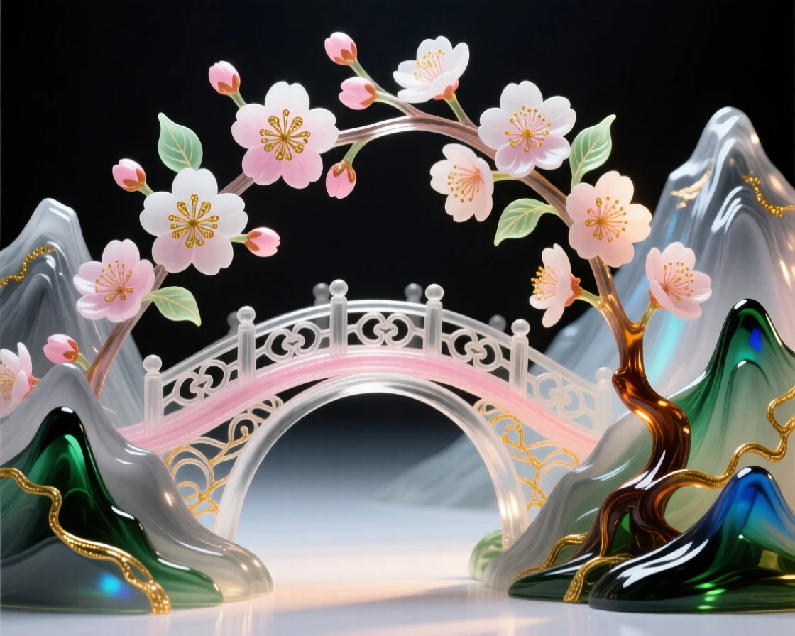 A bridge of blooming cherry blossoms connecting two mountain peaks, romantic and surreal.