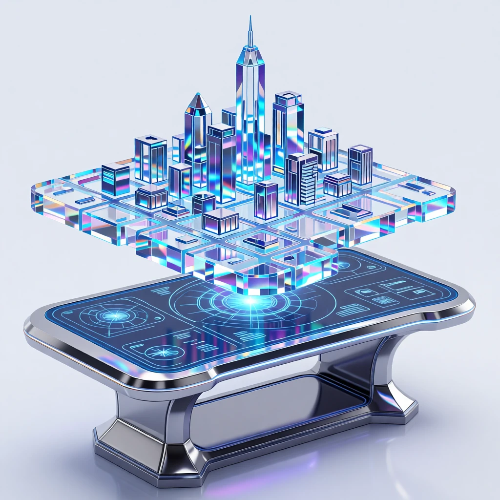 A holographic city map projected above a futuristic control room table.
