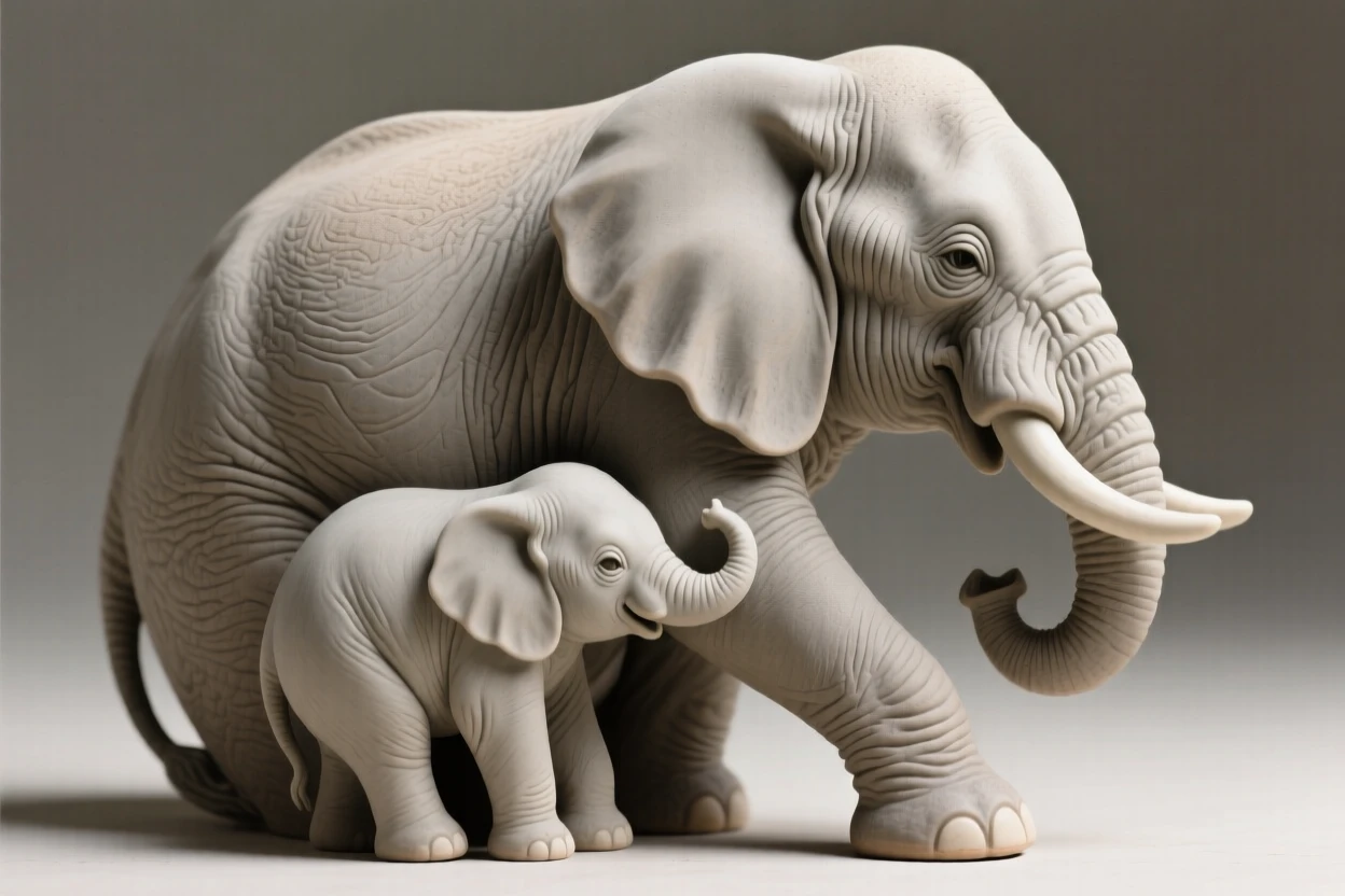 A mother elephant and calf curled protectively around its young, with one paw raised mid-step, radiating warmth and tender innocence.